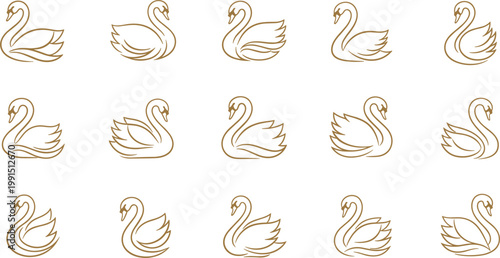 Set of elegant swan line icons in minimal outline style featuring graceful bird shapes for logo, branding and decorative design use