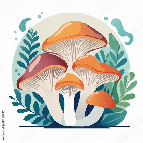 Illustration of a cluster of mushrooms with leaves