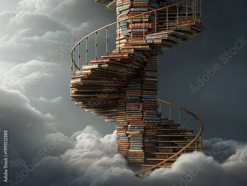 Ascending books forming a spiral staircase reaching into clouds symbolizing limitless growth