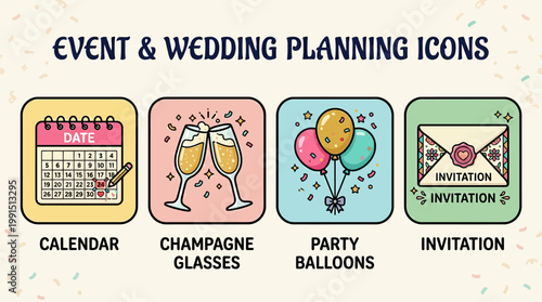 Event and wedding planning icons set.