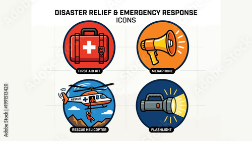 Disaster relief and emergency response icons set.