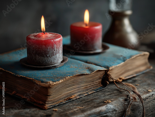 Minimalist knowledge altar with candles and closed book