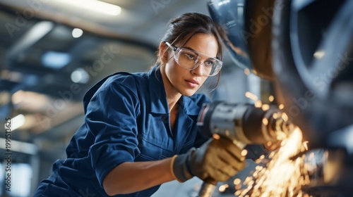 Female industrial worker wearing safety glasses and gloves, operating a grinding tool in a modern manufacturing workshop