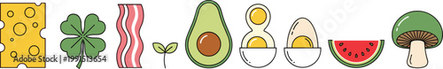 Flat Vector Food Icons Set Featuring Cheese Wedge, Four Leaf Clover, Bacon Strip, Green Sprout, Avocado, Boiled Eggs, Watermelon Slice and Mushroom
