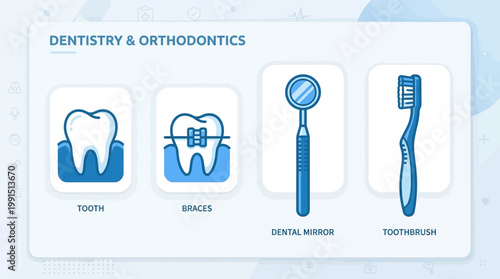 Dentistry and orthodontics icons with dental tools.
