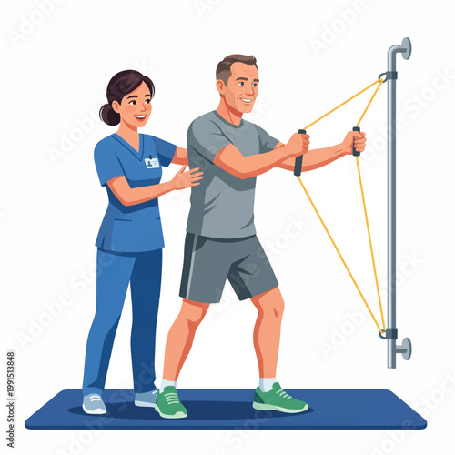 Physical therapist guiding a male patient through resistance band exercise on a mat in a clinical setting with a supportive and therapeutic mood.