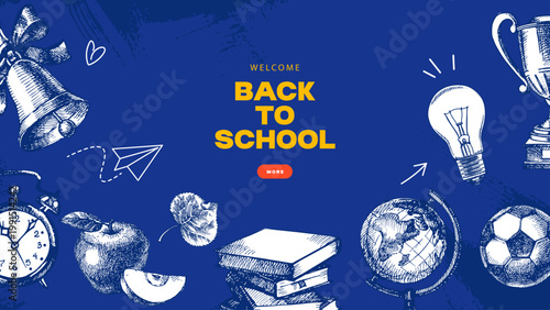 Back to school sketch collage banner. Education poster template with hand drawn accessories. Frame design. Vector vintage illustration