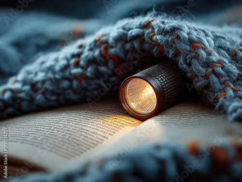 Private nighttime reading scene with flashlight and layered blanket