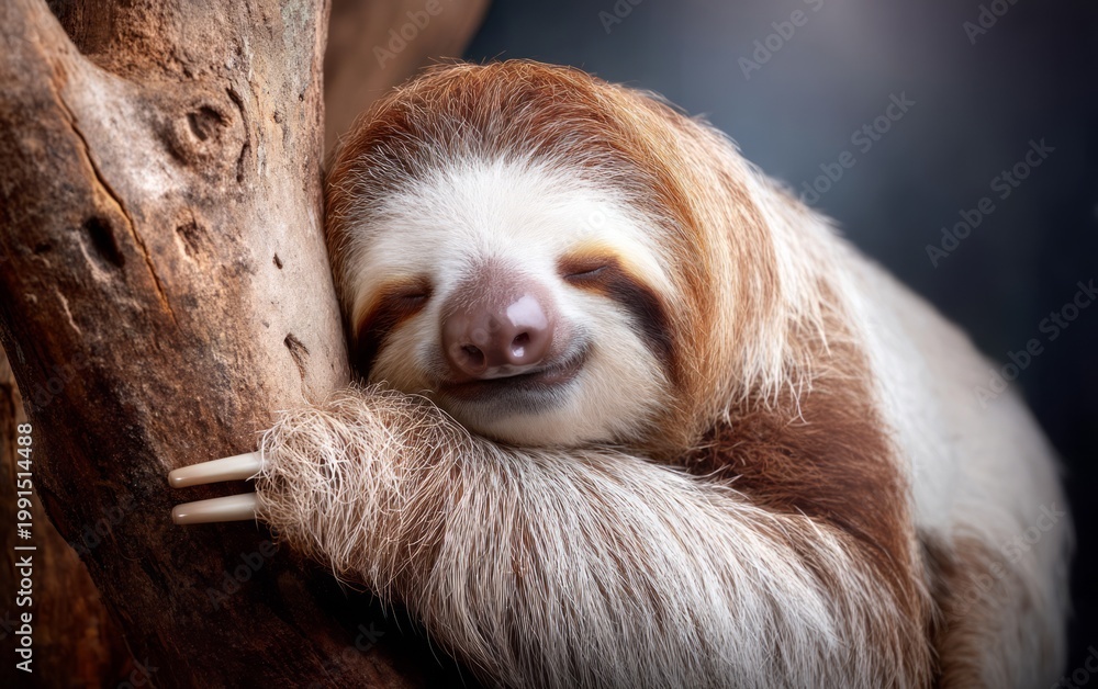 Fototapeta premium Sleepy Sloth with Crooked Crown Hanging from Tree Branch