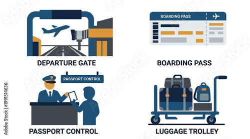 Airport icons for travel and transportation.