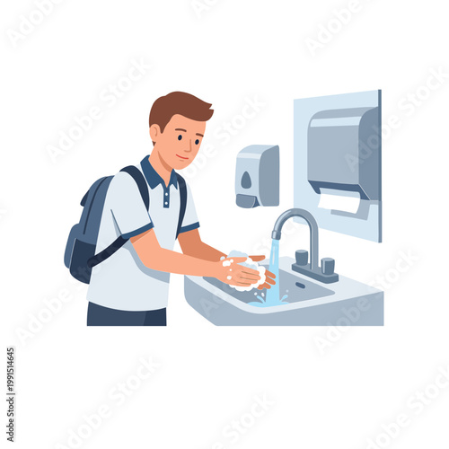 A man washes his hands under running water at a public sink with a dispenser.