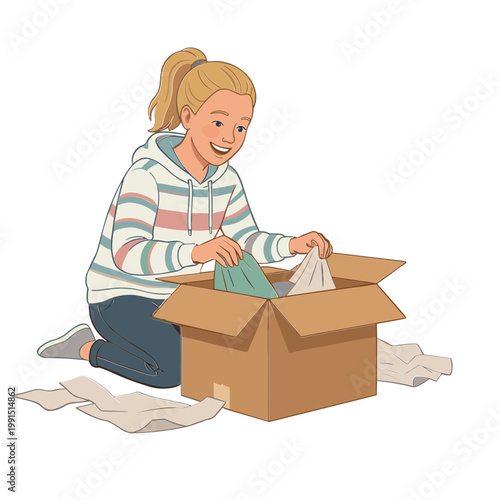 A woman is sitting on the floor unpacking tissues from a cardboard box.
