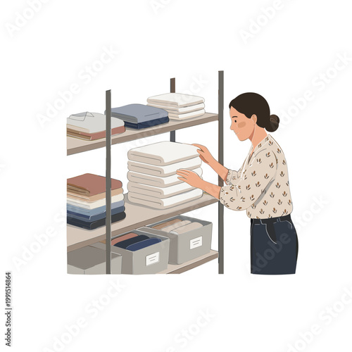 A woman organizes books on a shelf in a storage room.