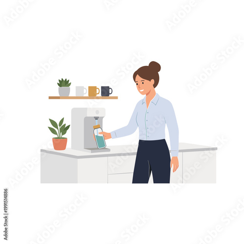 Woman filling bottle at kitchen water cooler with plants nearby