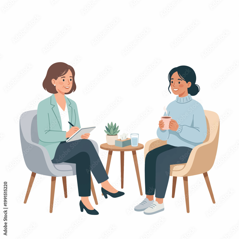 Obraz premium Two women sitting in chairs having a conversation over coffee in a casual setting with a small table and plant.