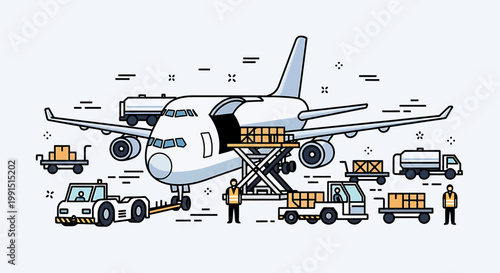 Airplane cargo loading operations with vehicles.