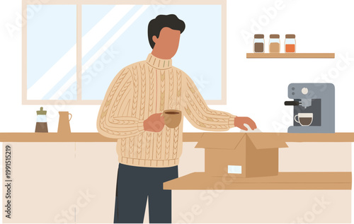 Man prepares coffee and unpacks box in kitchen interior with coffee maker