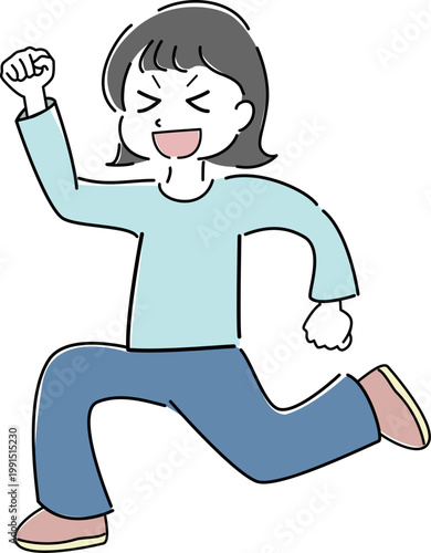 ジャンプしてガッツポーズをする女性の全身シンプルイラスト（成功・達成・喜び・元気・人物素材） /
Full body jumping woman with victory pose simple line illustration (success, achievement, joy, energy, people)