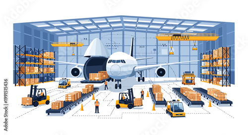 Airplane Cargo Loading Operations Warehouse Scene.