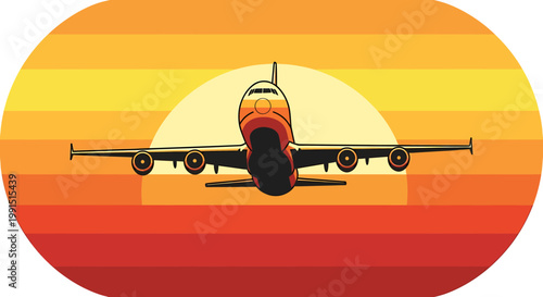 Airplane flying towards the sunset sky.