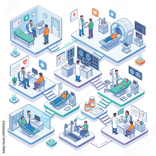 Isometric illustration of various medical professionals working in different hospital rooms and departments with a clean and organized composition.