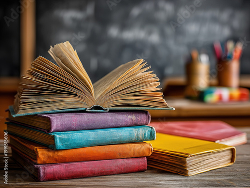 Classroom desks with open books and chalkboard background representing engaged education