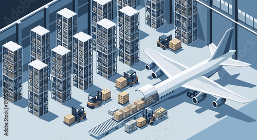 Airplane on Tarmac with Cargo Containers.