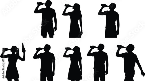 Set of black silhouettes featuring a tailor working at a sewing machine and assisting a client, with dress forms isolated on a white background, vector