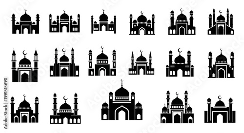 Black mosque silhouettes in various styles.
