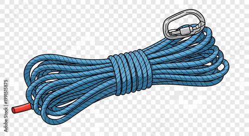 Blue climbing rope with carabiner attached.