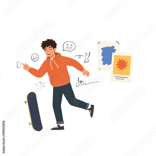 Teenager runs with skateboard, phone, and emotions in urban setting