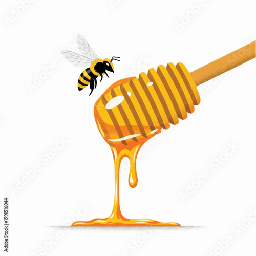 Sweet Golden Honey Dripping from Wooden Dipper Stick with Flying Honeybee. Organic Food Vector Illustration.