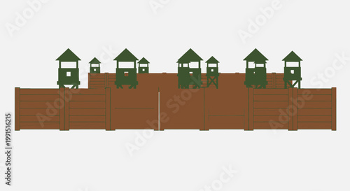 Illustration of a wooden stockade with watchtowers showcasing frontier defense and security in a stylized graphic design with shades of green and brown