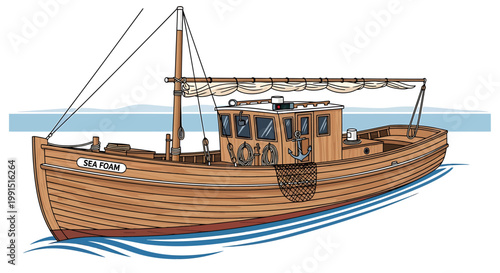 Brown wooden fishing boat sailing water.