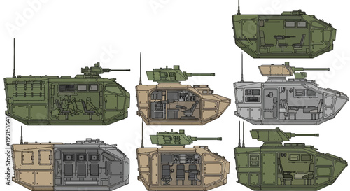 Military armored vehicle cross-sections in green tan and gray tones showcasing vehicle interiors and turret weaponry
