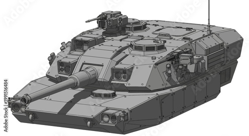 Modern armored tank detailed 3D rendering on white backdrop; advanced military vehicle design with powerful gun and defense systems