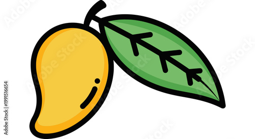 Ripe yellow mango with green leaf illustration; tropical fruit vector art in vibrant color; isolated mango graphic design for food concept