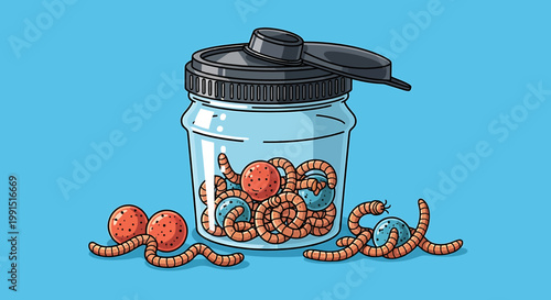 Clear glass jar filled with fishing bait worms and round orange lures.