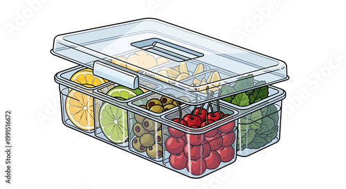Clear plastic food organizer with compartments filled with fruits and vegetables.