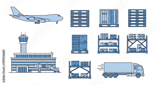 Cargo airplane and logistics elements for shipping and delivery.