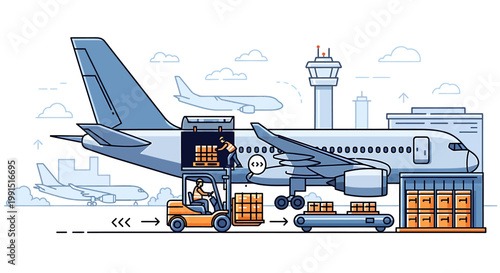 Cargo airplane being loaded with boxes at airport terminal.