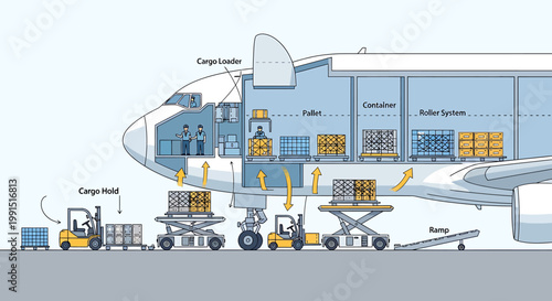 Cargo airplane loading and unloading process illustration.