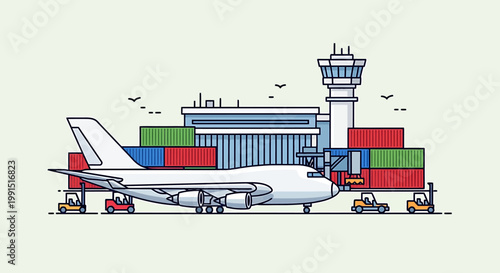 Cargo airplane loading at airport with shipping containers and control tower.