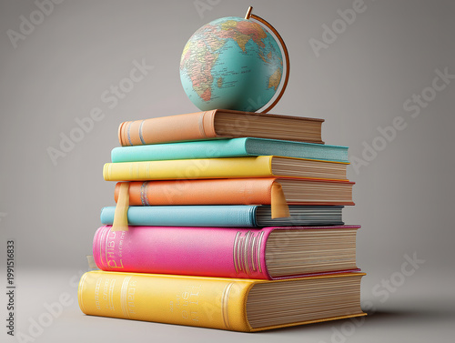 Books stacked with a globe on top representing worldwide literacy
