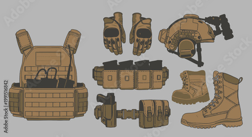 Tactical gear set illustration: vest gloves helmet boots and pouches in tan color detailed and organized design on a neutral background