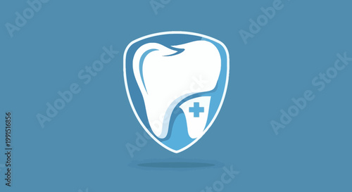 Tooth inside shield emblem vector illustration for dental care in cartoon style; oral hygiene concept in light blue shade