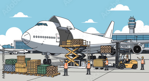 Cargo airplane loading with boxes and forklift at airport.