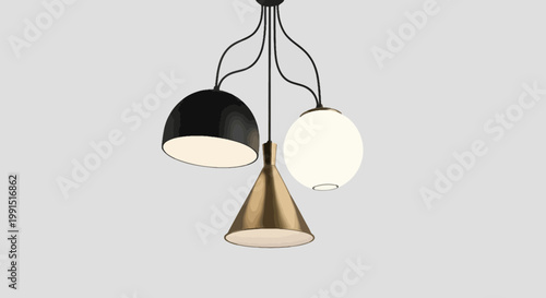 Three-light cluster pendant fixture with black gold and white glass shades hanging against a neutral backdrop in a cartoon style