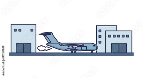 Cargo airplane taxiing between airport buildings on tarmac.