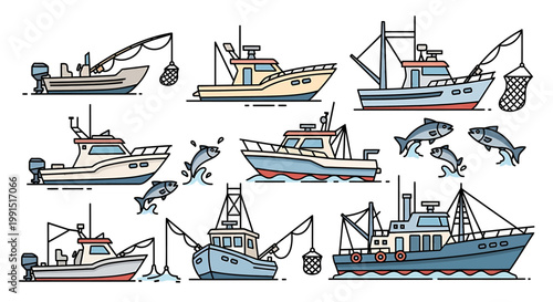 Collection of Fishing Boats and Fish Illustrations.